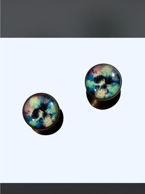 Galaxy Skull Plug Earrings - Blue Green Purple